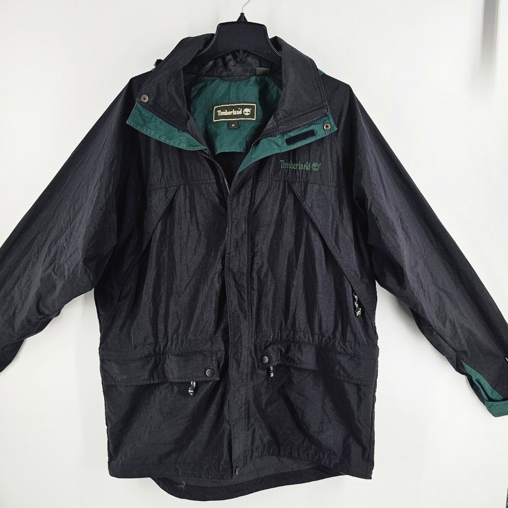 Timberland Windbreaker Jacket Mens Size M Black Green Vintage 90s Rugged Core
